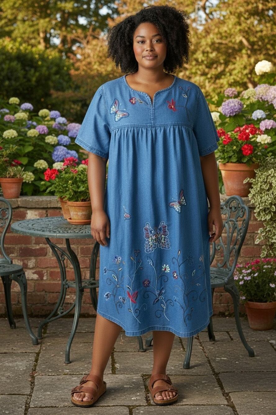 Loungees Sz 2X VTG Denim Embroidered Knee Length Mumu House Dress Cotton